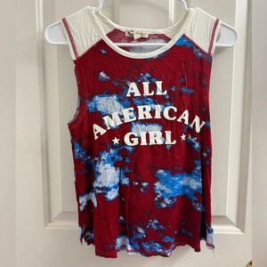 Patriotic red white and blue tie dye American girl tank top
